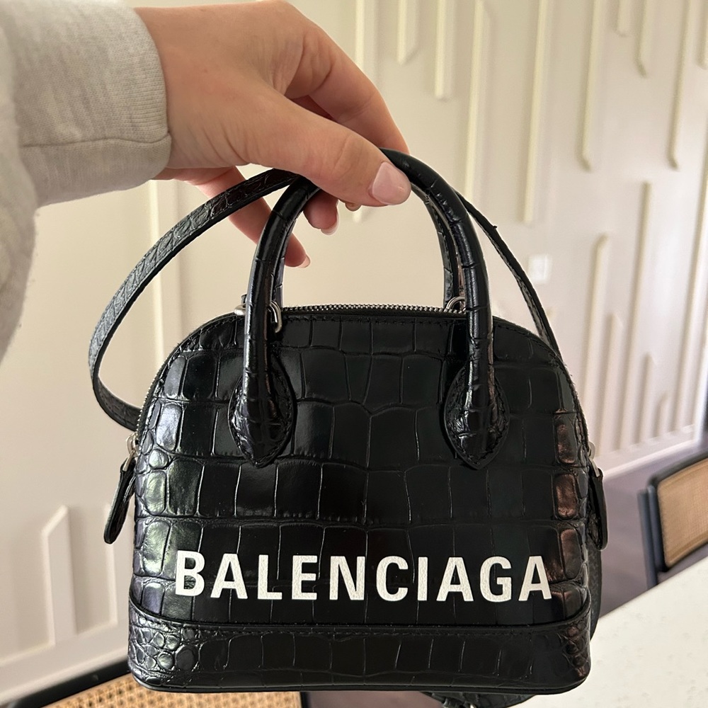Balenciaga - Authentic - Crocodile Embossed Mini Ville XXS Top Handle Black Bag